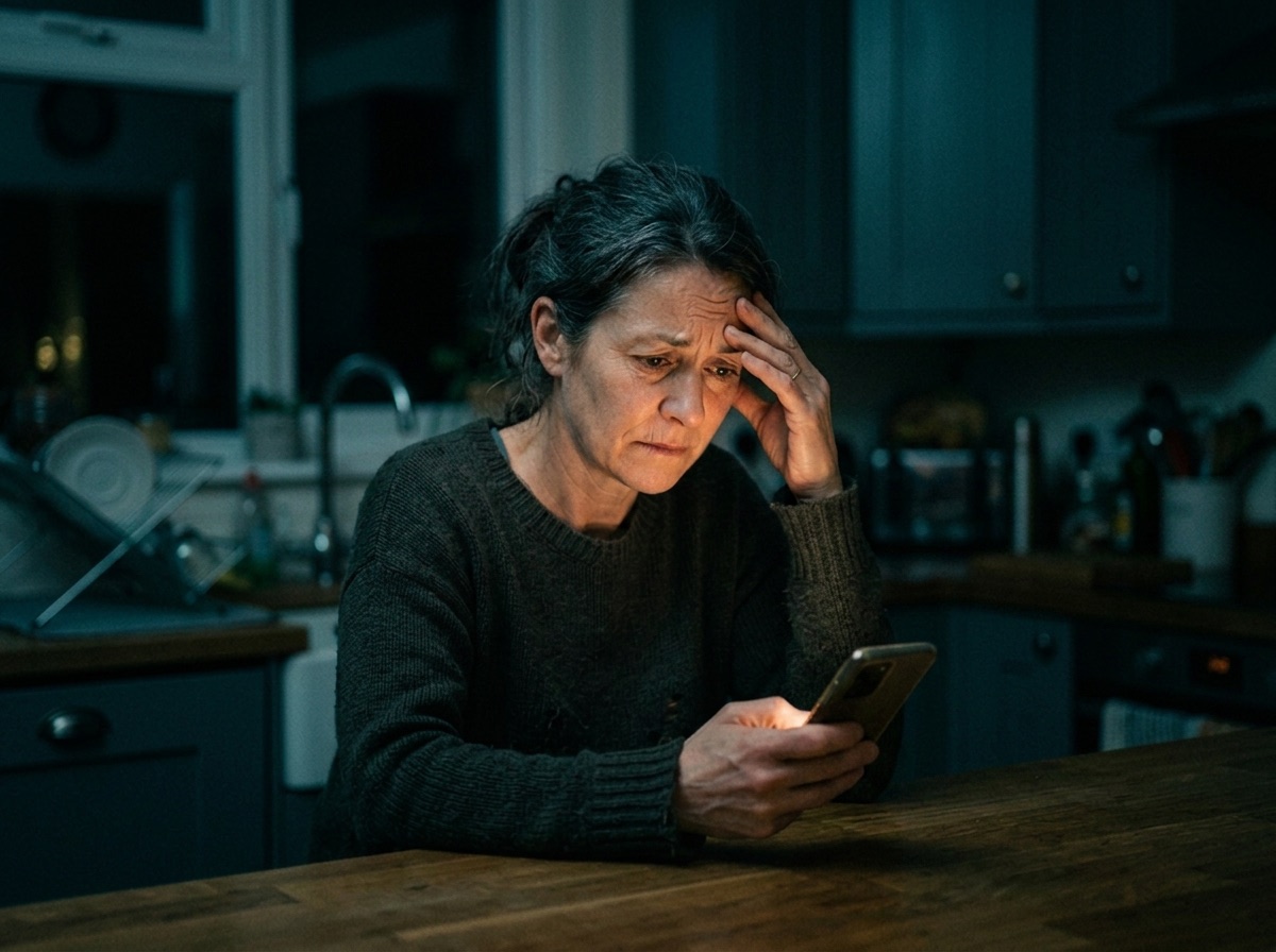 A daughter in a dark kitchen at 4am, hand to her forehead, worried as she reads her phone.