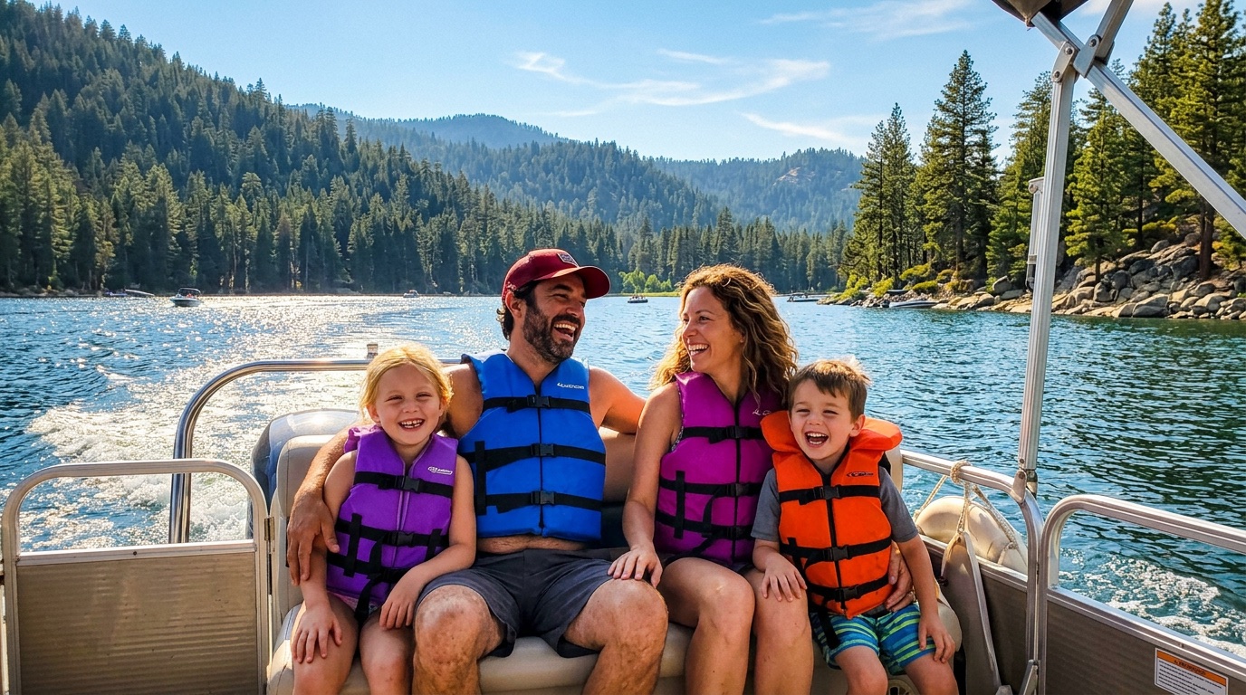 A family in life vests laughing on a boat at the lake — the photo filling Mom's TV.