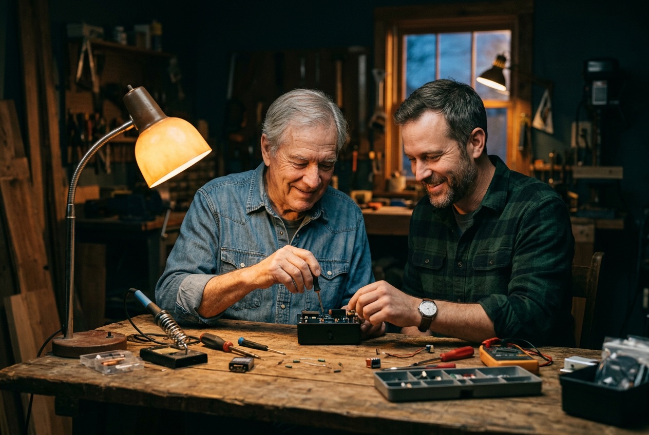 A father and his adult son at a workbench, smiling as they assemble a small device under a warm work lamp.
